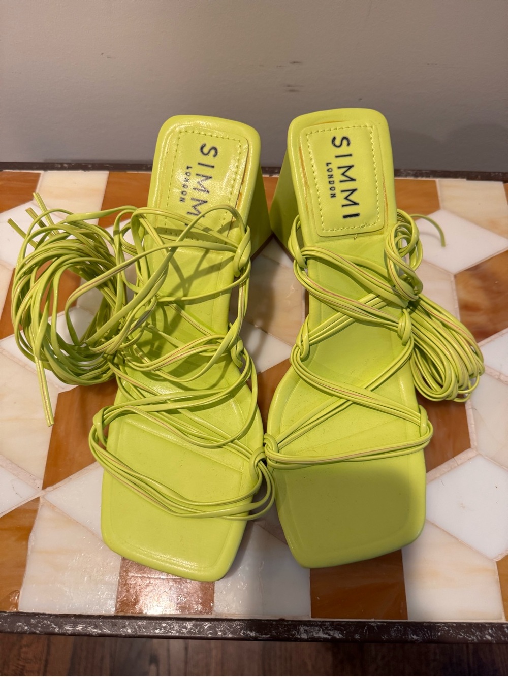 SIMMI London Neon Lime Strappy Lace-Up Square-Toe Heels